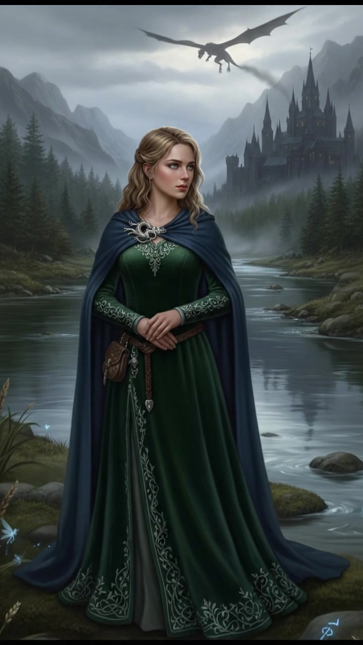 Ashley standing by a tranquil river, her hands clasped in front of her, looking thoughtfully at the water.