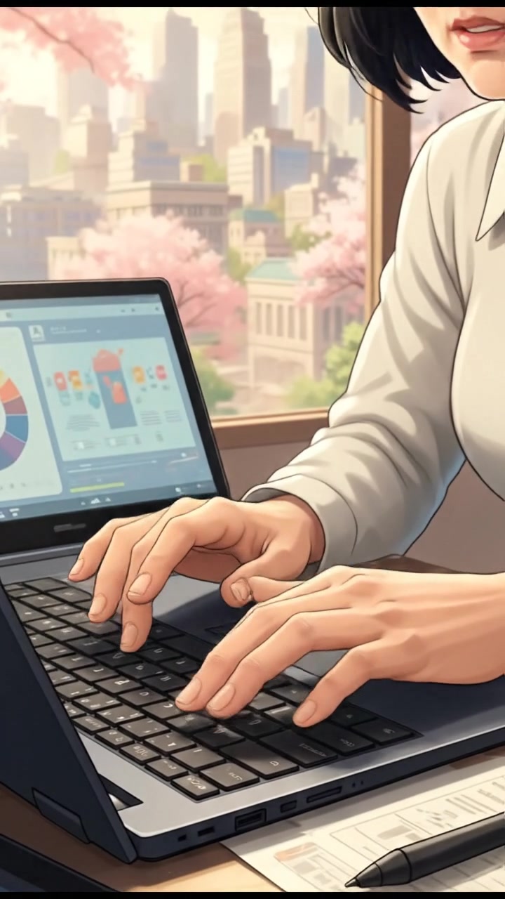 Close-up of Li's hands typing quickly on the keyboard of a matte black laptop.
