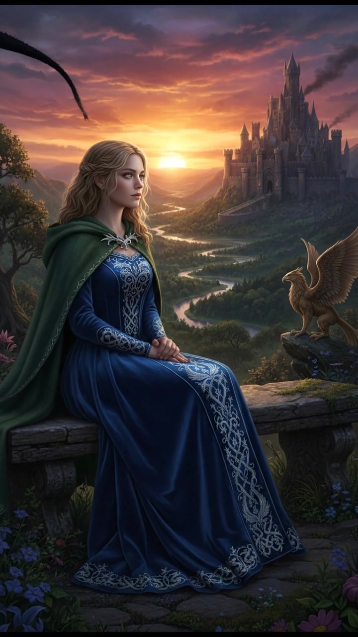 Ashley sitting on a park bench, gazing at a beautiful sunset over the horizon.