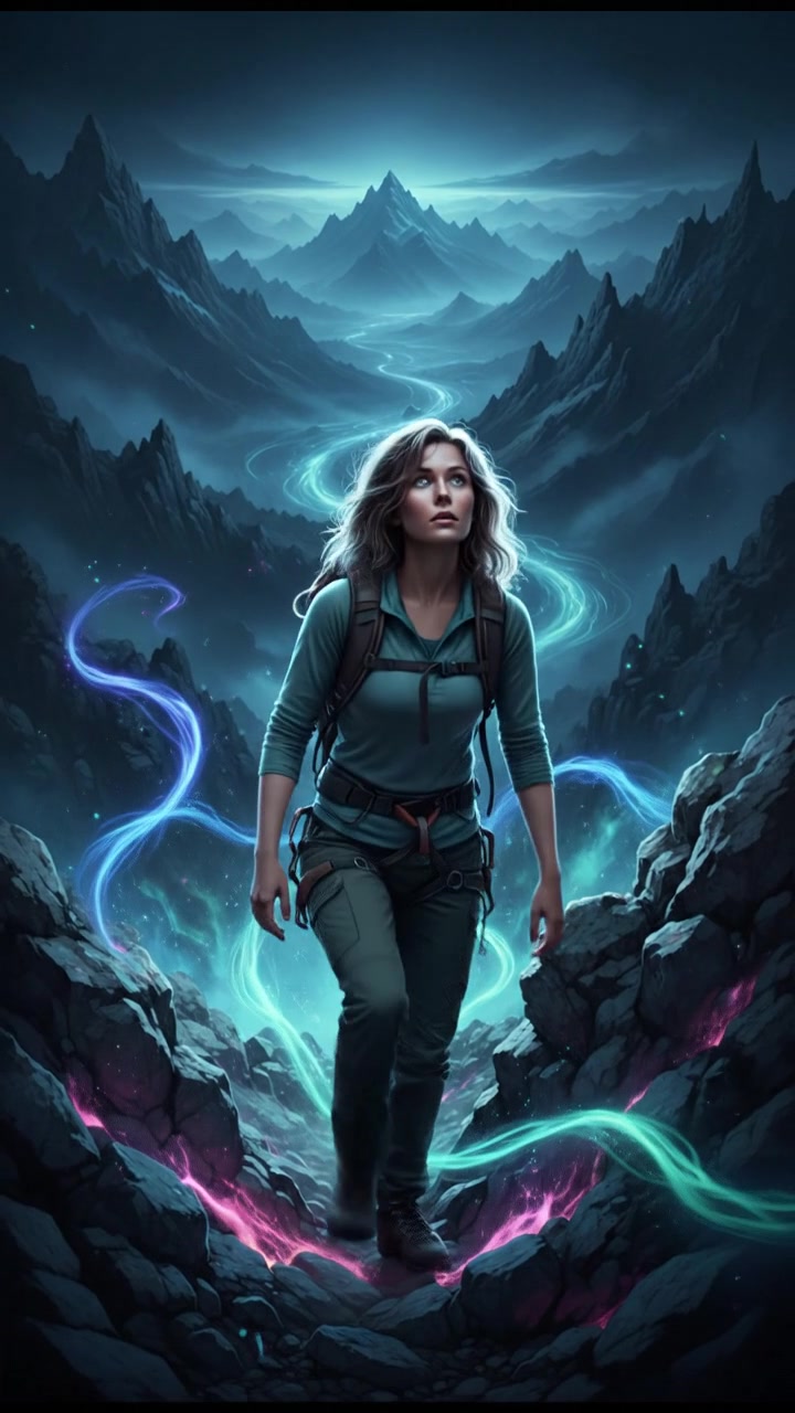 Ashley climbing a rocky mountain trail, looking determined with a beautiful valley visible in the background.