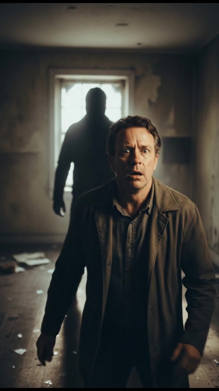 The Mark, with a look of panic, stands in front of a shadowy figure in a dimly lit room.