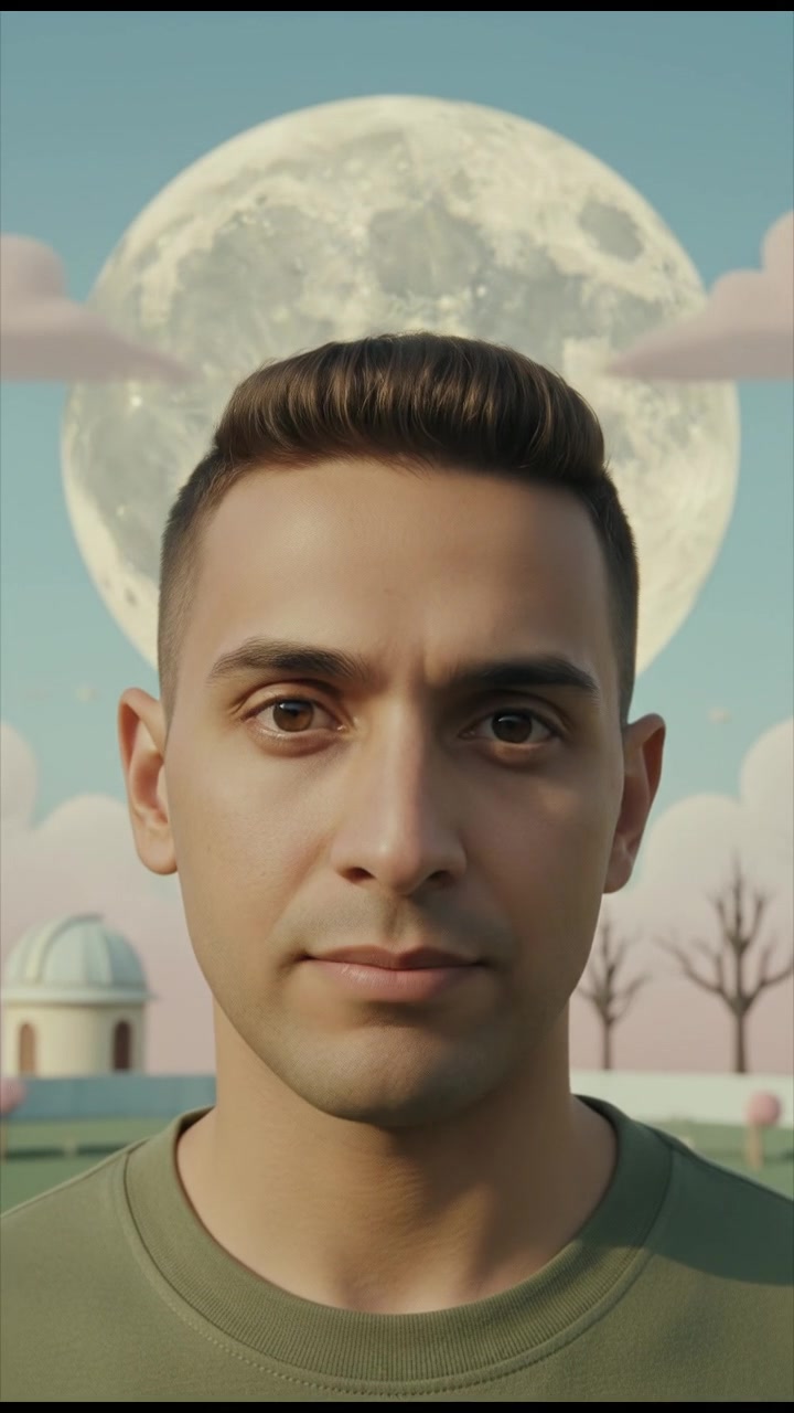 A close-up of Amir's serious face as he calmly speaks, with the moon visible in the background.