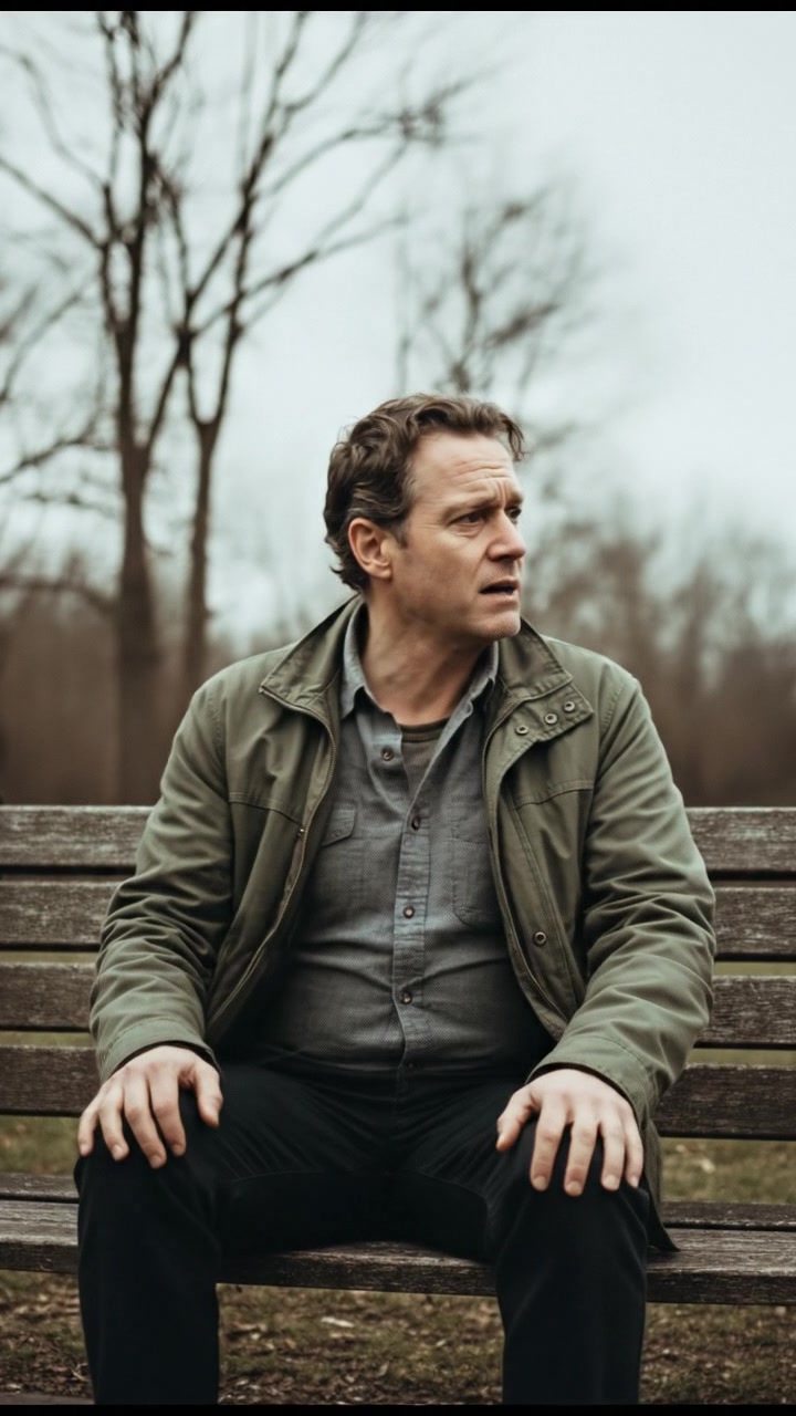 The Mark sitting on a park bench, looking anxious, with trees swaying slightly in the breeze.