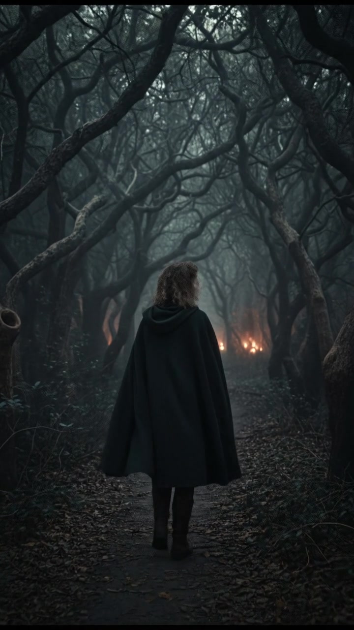 A path leading out of the forest with Elara walking back, glancing over her shoulder.