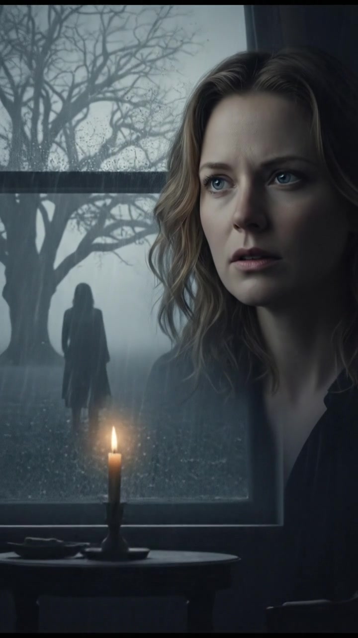 Anna peering through her window, trying to discern the figure in the rain.