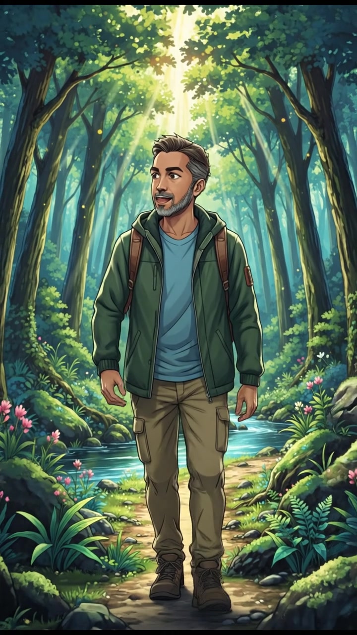 A lush green forest with Raj walking confidently along a path, sunlight filtering through the trees.