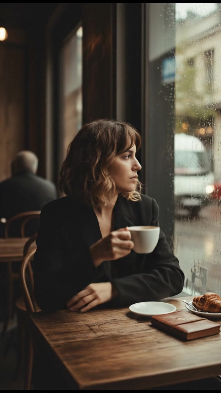 The Laila sitting at a café table, holding a coffee cup and looking thoughtfully out the window.
