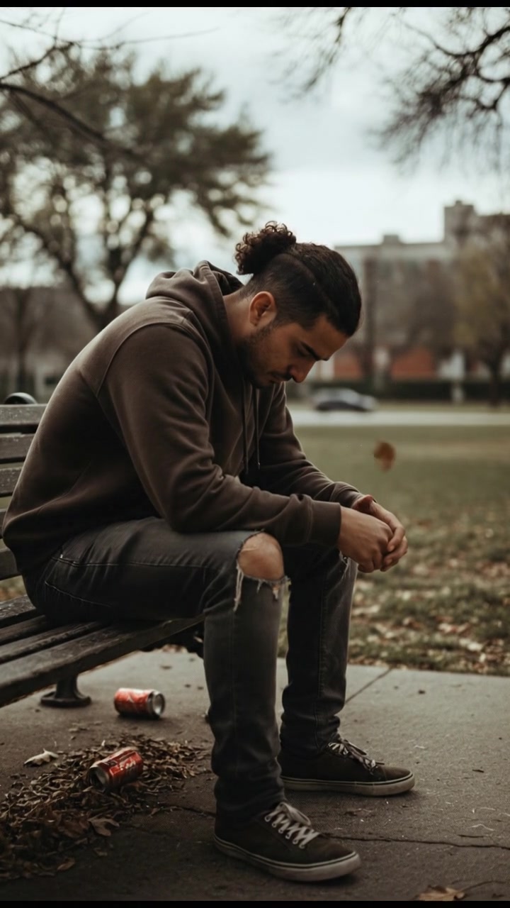 The Mateo sitting despondently on a park bench, looking at the ground.