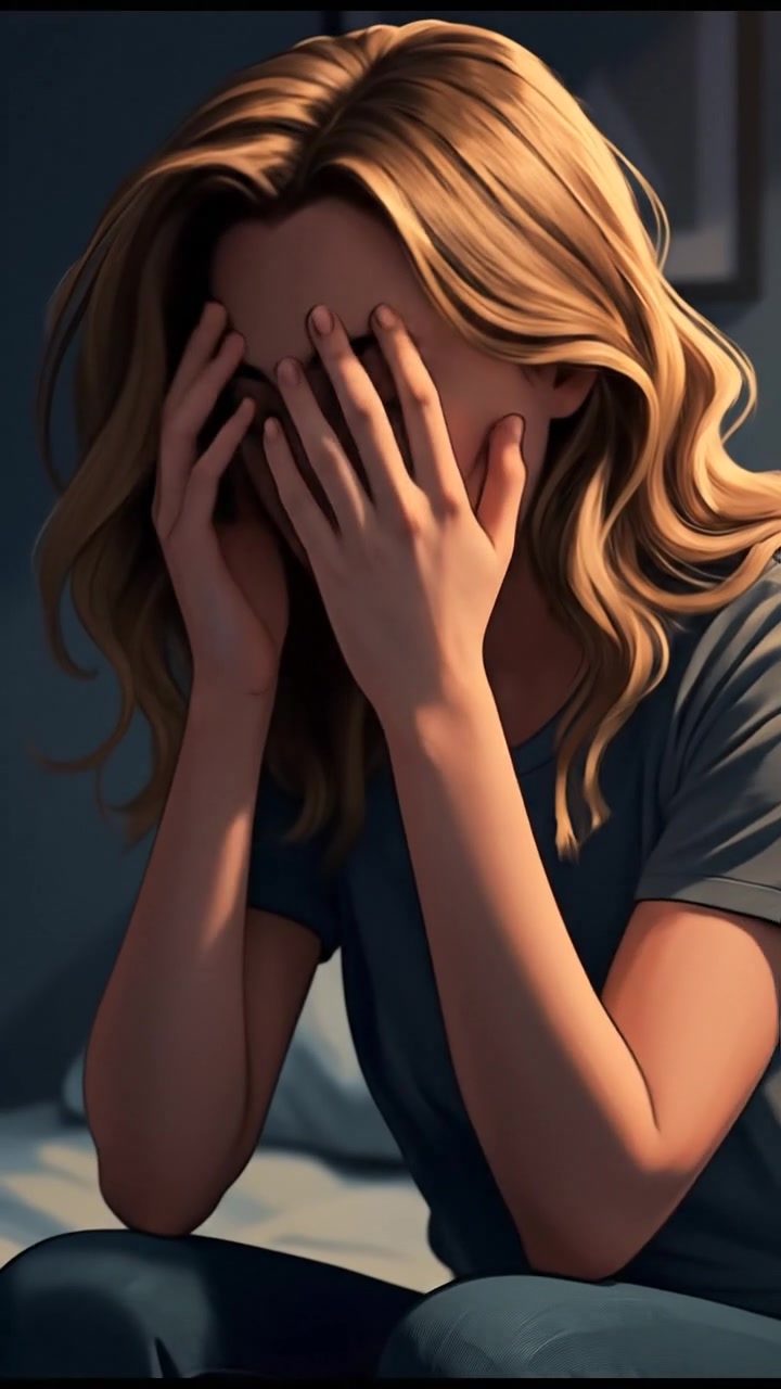 A close-up of Ashley holding her head in her hands, sitting on the edge of her bed in a dimly lit room.