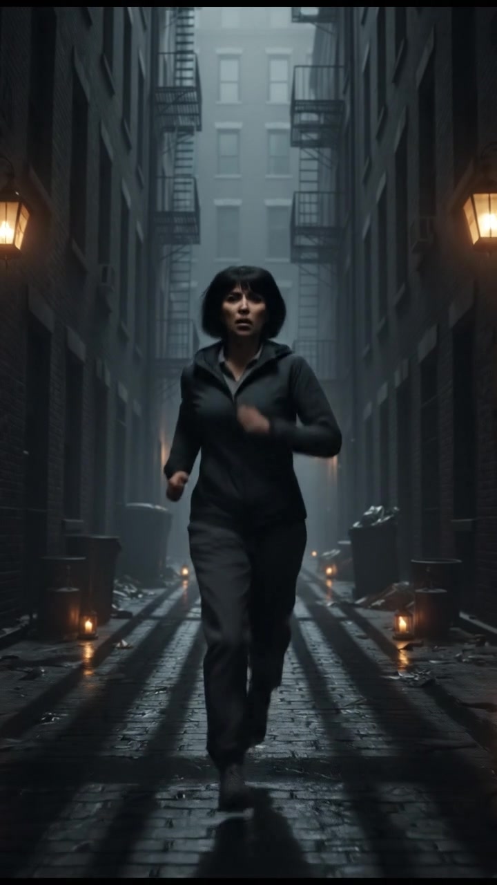 Li running through a dark alley, shadows cast by tall buildings around her.