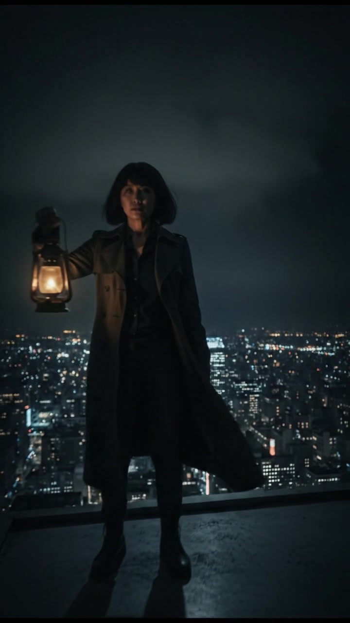 Li stands atop a tall skyscraper at night, overlooking the illuminated city skyline.