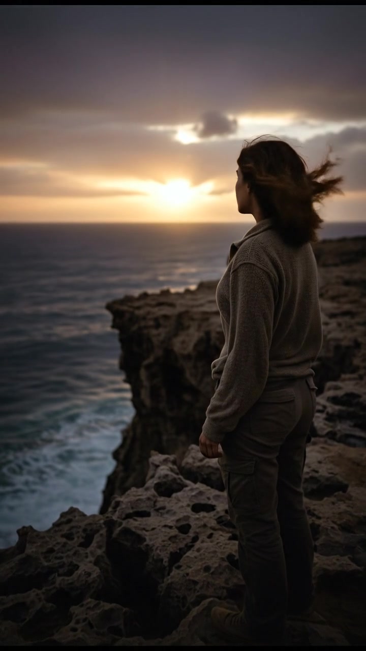 Laila standing on a rocky cliff at sunset, looking out over the vast ocean below.