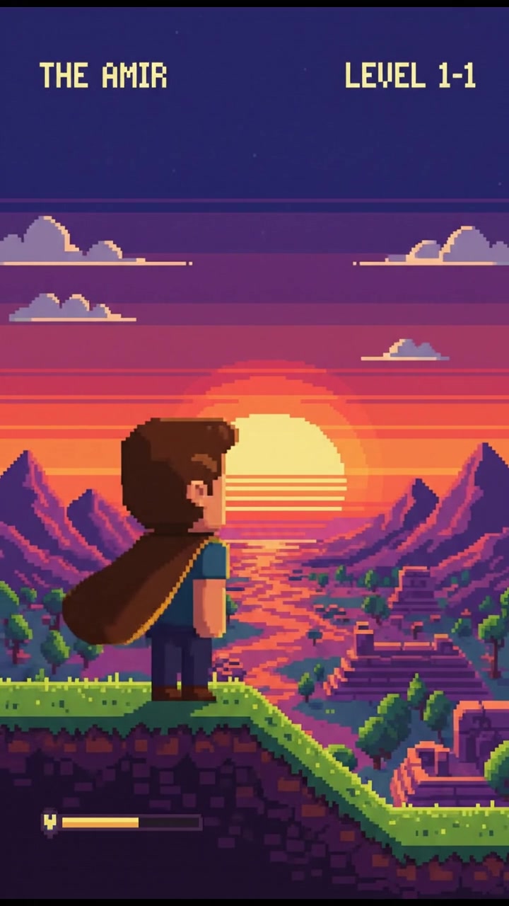 The Amir standing on a hill, overlooking a vast landscape with a sunset in the background.