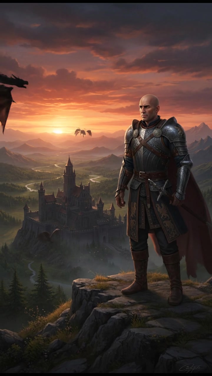 The Carlos standing on a hilltop, looking out towards a sunset with a thoughtful expression.