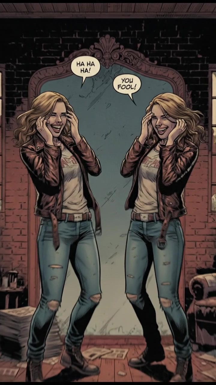 Ashley standing in front of a large mirror, laughing and playfully mimicking her reflection.