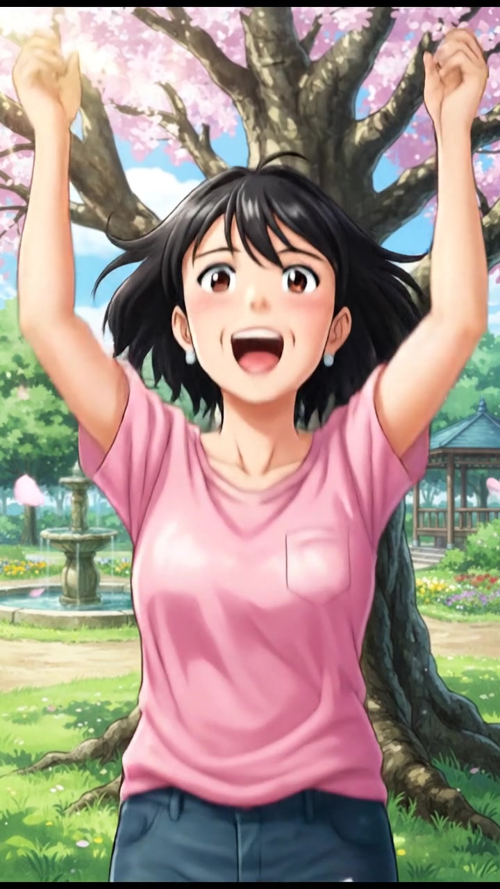 Li smiling with a surprised expression, holding the repaired sign up triumphantly in a sunny park.