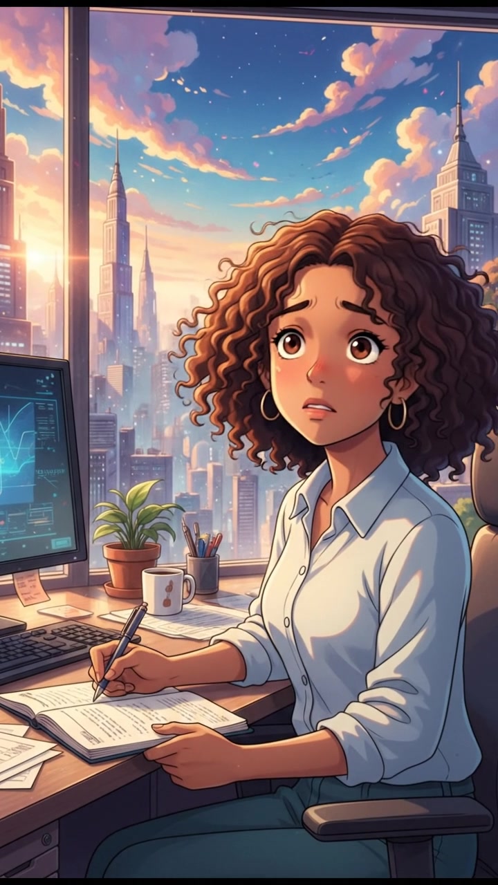 Colega writing a note on a notepad, with a concerned expression, sitting at her desk in an office.