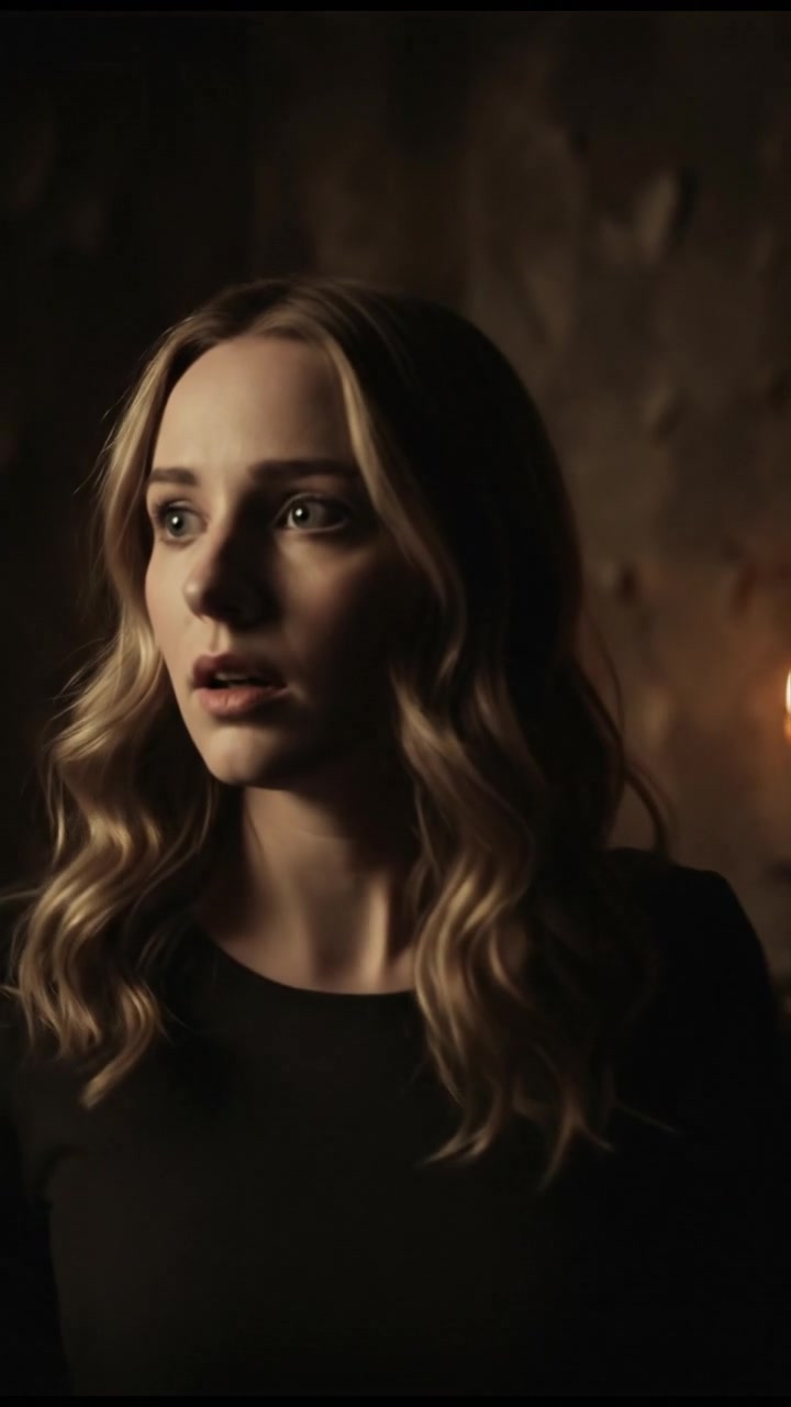 A close-up of Ashley standing in a dimly lit room, her expression startled as she hears a whisper.