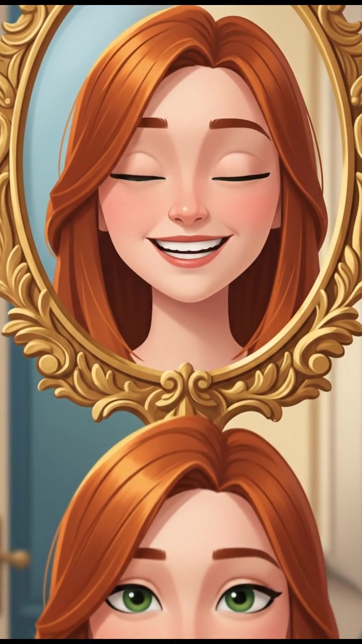 A close-up of a mirror reflecting Emma's smiling face while her actual expression is neutral.