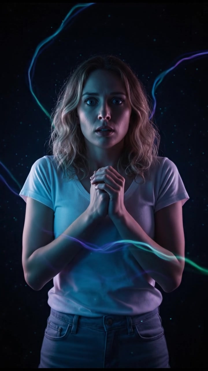 Ashley standing in a brightly lit room, looking frightened with wide eyes, clutching her hands together.