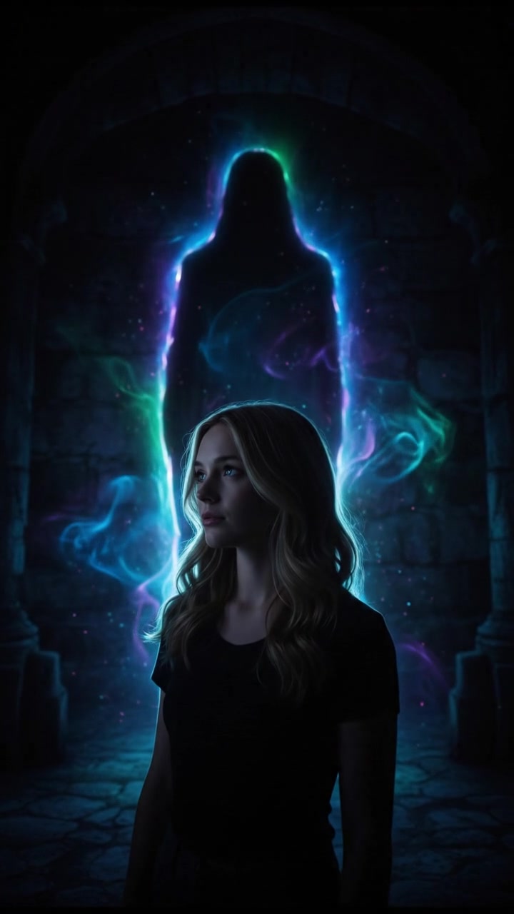 A shadowy figure in a dark room, looming just beyond the light, with Ashley's silhouette visible in the foreground.