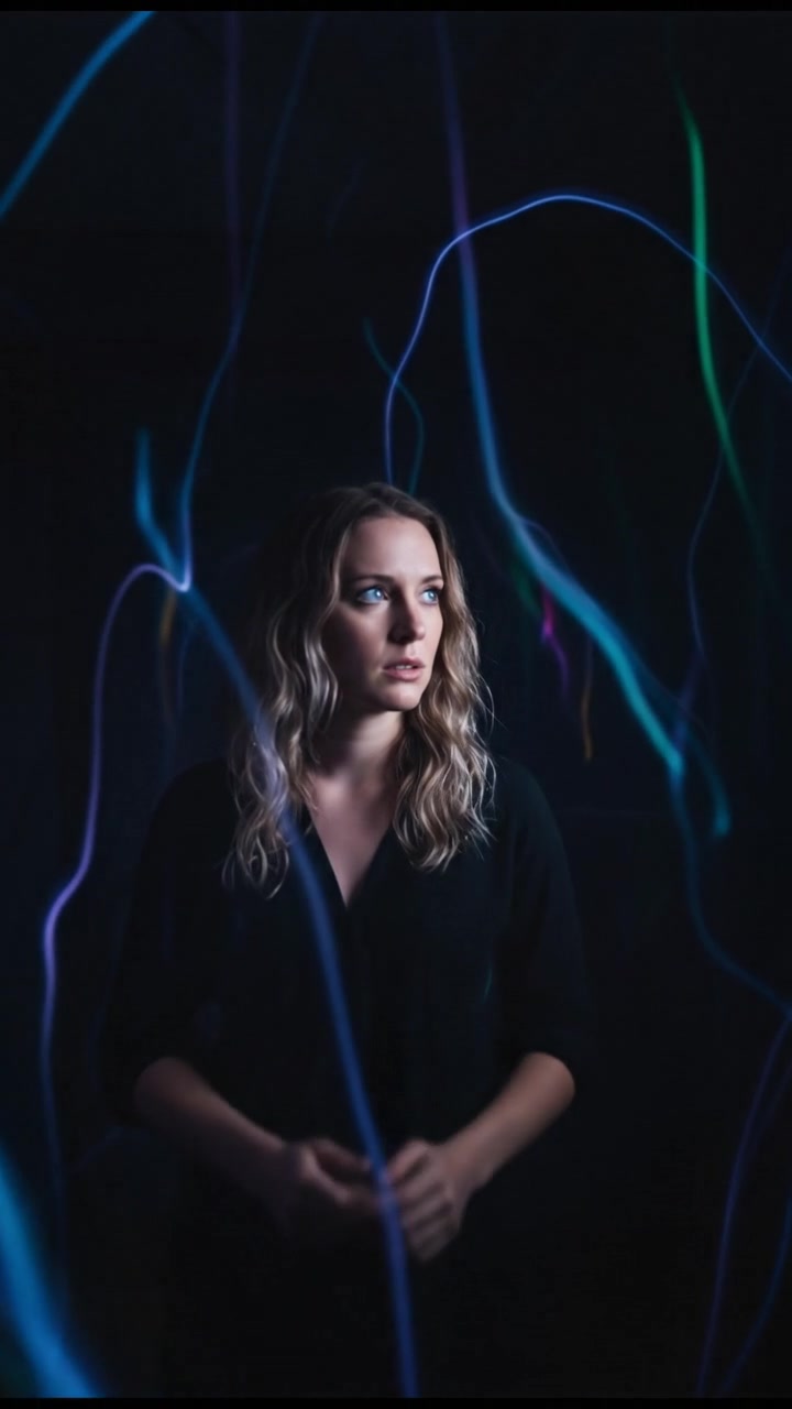 A dimly lit room with Ashley standing still, her hands clasped, looking around nervously.