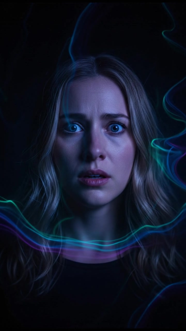 A close-up of Ashley's face, eyes wide, expressing fear as she listens intently to a strange noise.