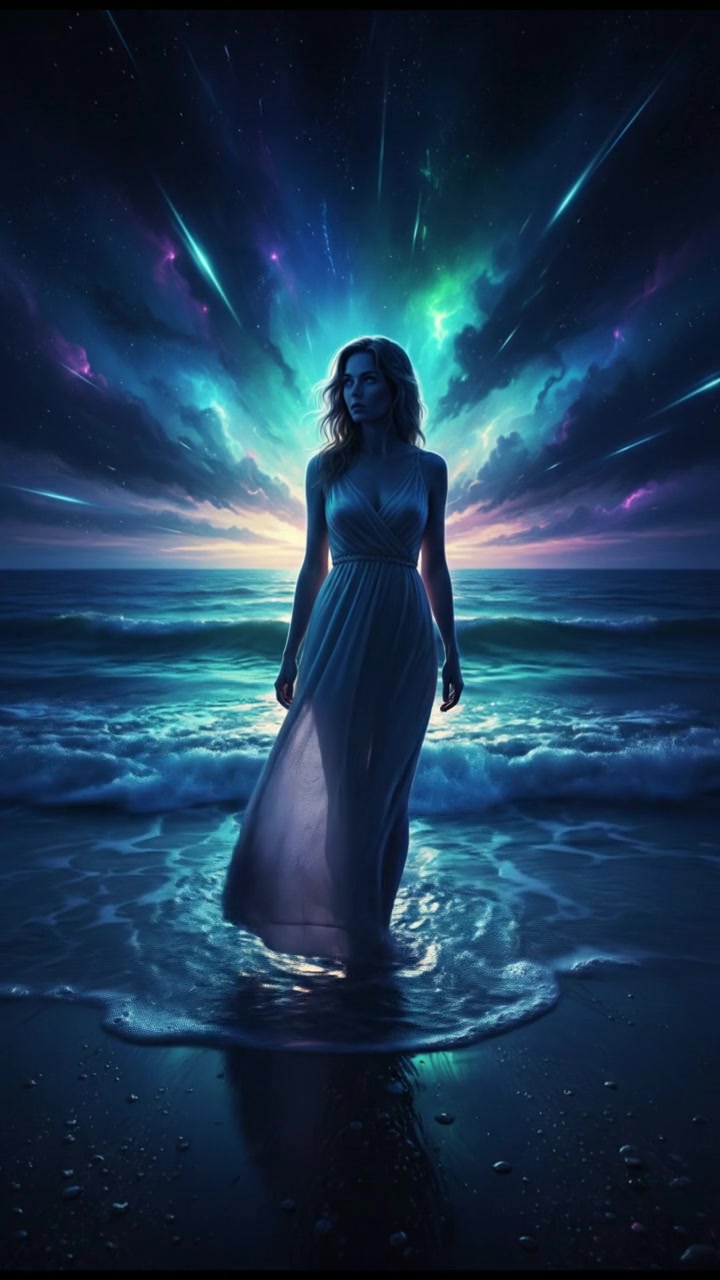 Ashley standing on the beach during early morning, with the ocean waves gently lapping at the shore.