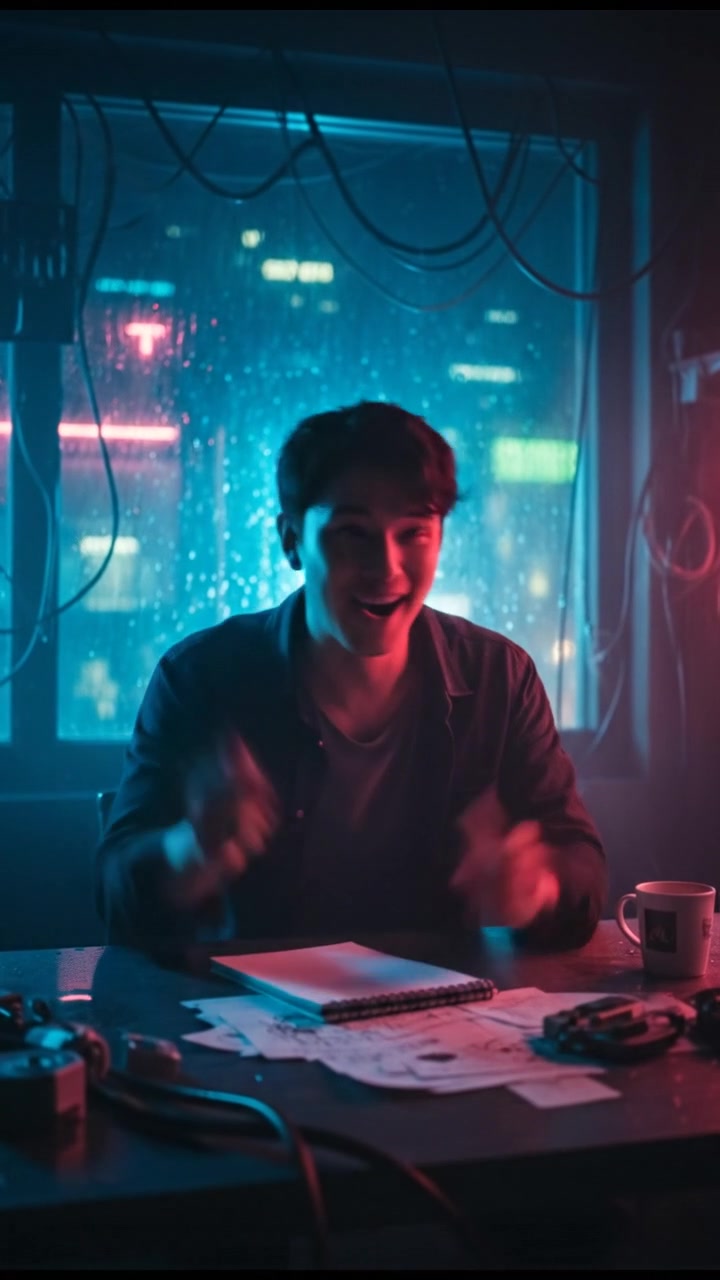 Ken sitting at a desk, brainstorming ideas with a notepad and a pen, looking excited.