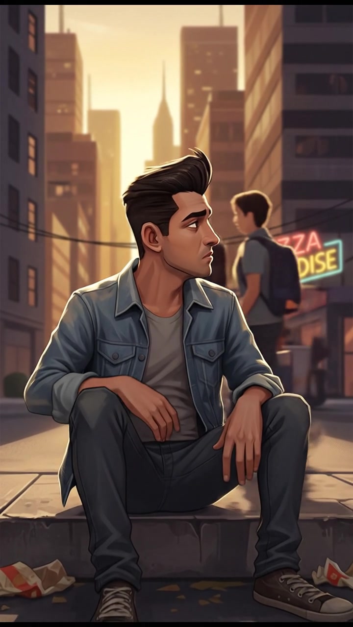 Arjun sitting on a curb, looking down with a hungry expression on his face.