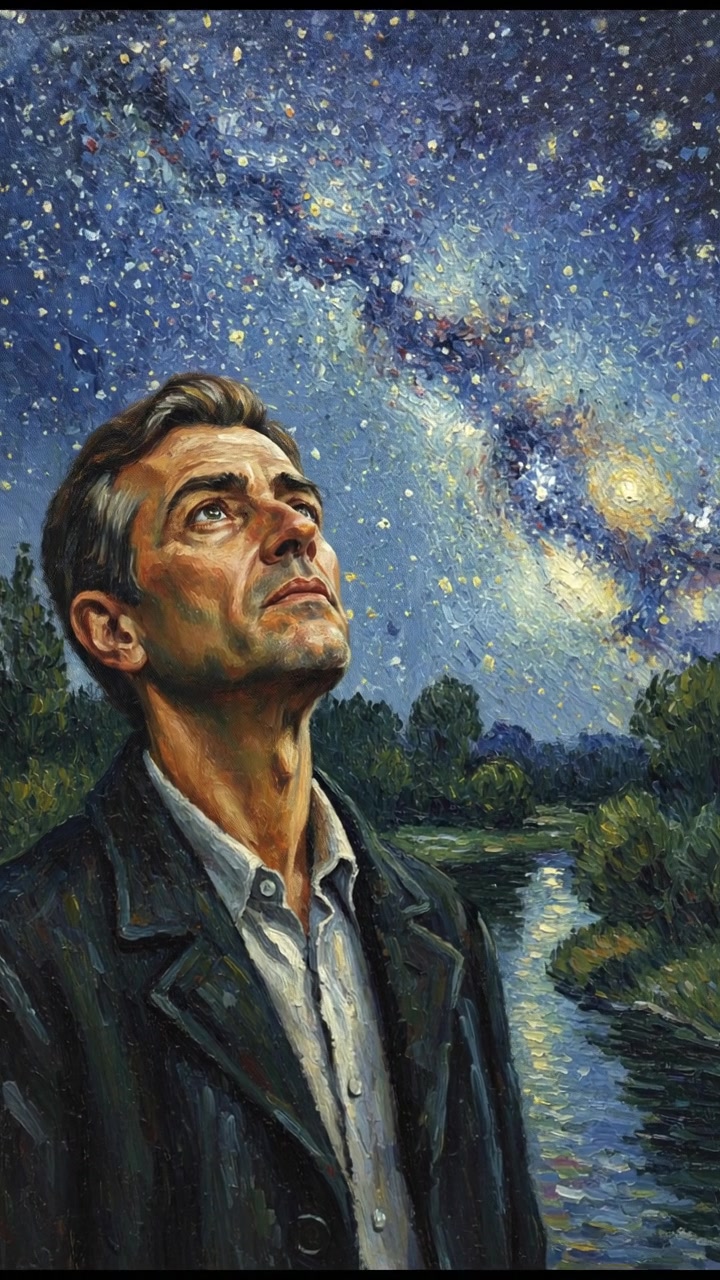 Omar standing outside at night, gazing up at the stars with an intense expression.