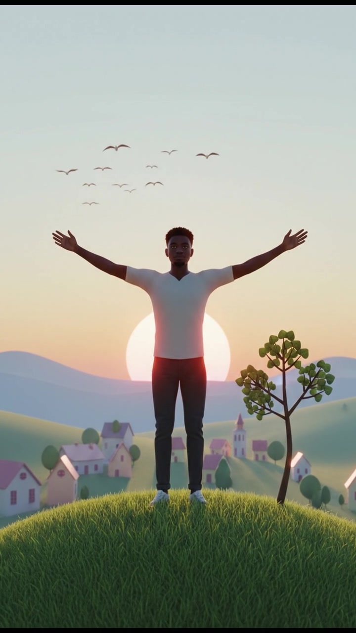 The Isaiah standing confidently on a hill at sunrise with arms raised, embracing a new day.