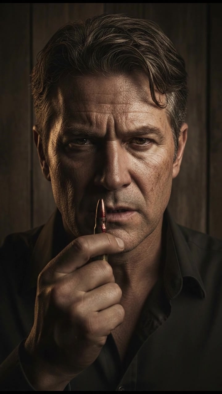 A close-up of the Mark's face showing determination and pain while holding the bullet.