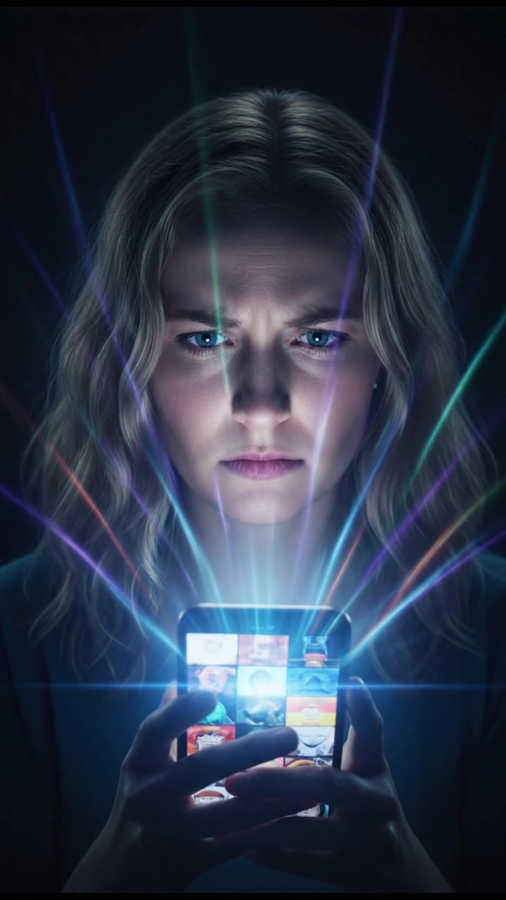 A close-up of Ashley's frustrated expression as she scrolls through repetitive memes on her phone.