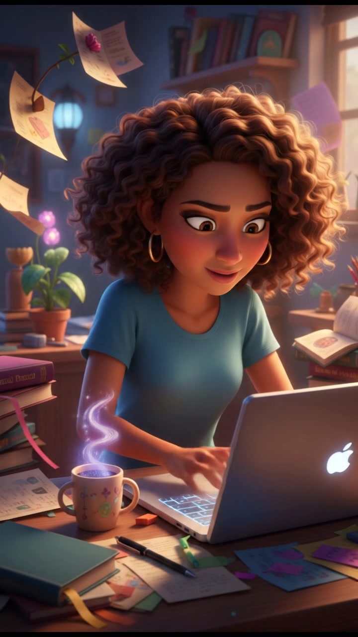 A close-up of Nia typing quickly on her laptop keyboard, with papers scattered around.