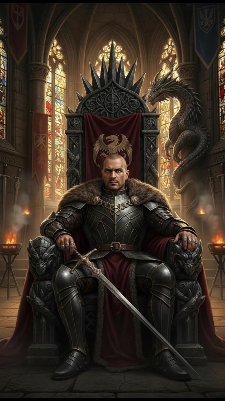 Carlos sitting on a large throne in a grand hall, his expression stern and dismissive.