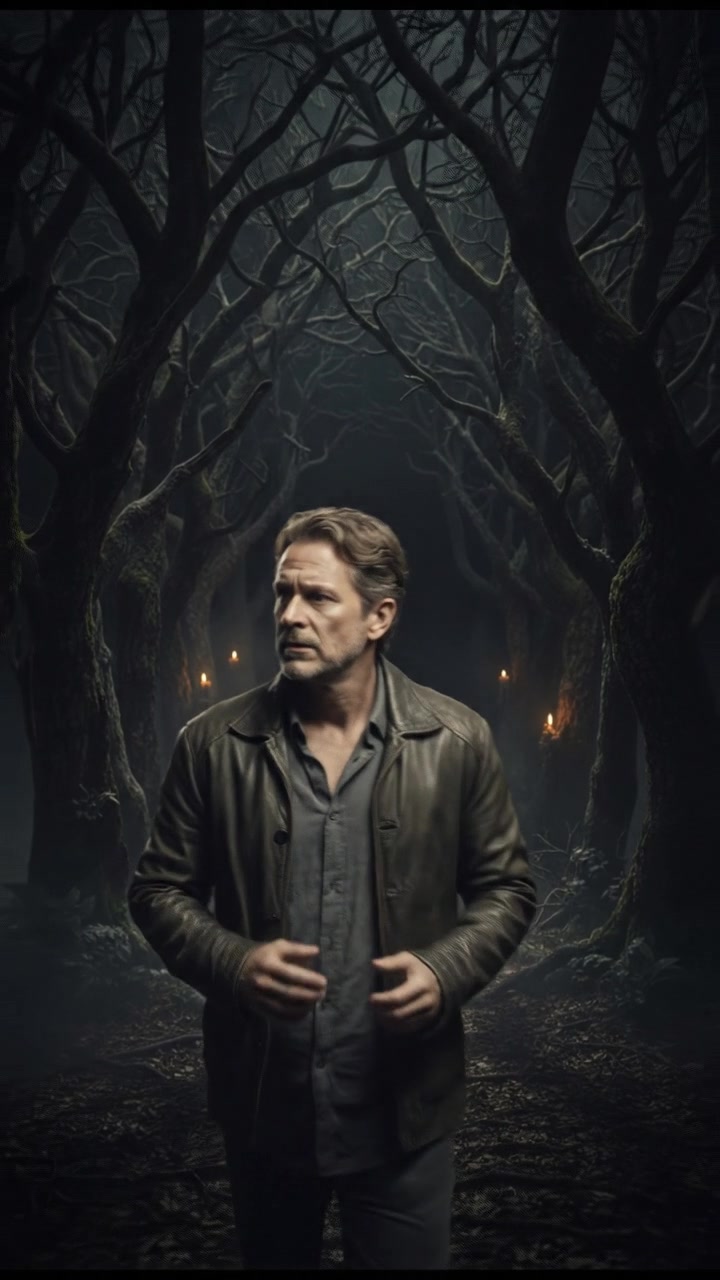 Mark stands at the entrance of a dark forest, looking anxious, with his hands trembling slightly.