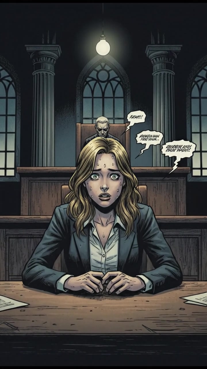 A courtroom interior with a judge in the background, Ashley sitting at a defendant table looking anxious.