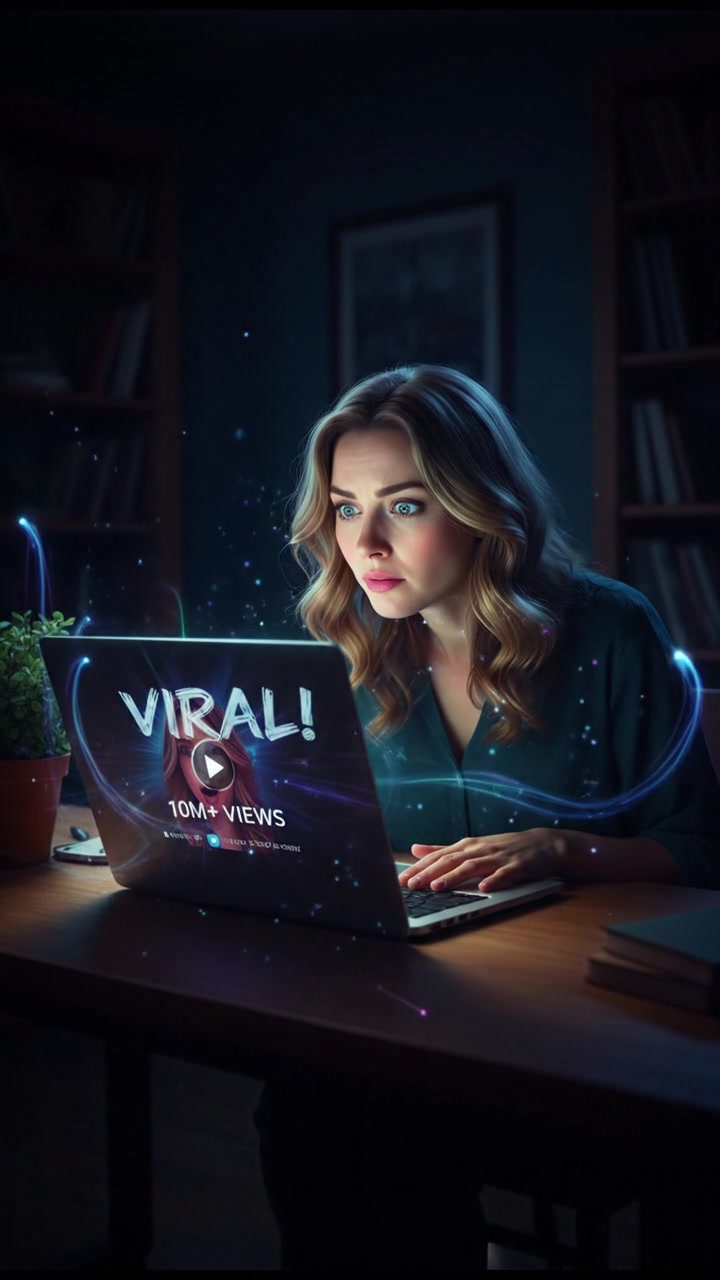 Ashley sitting at a desk with a laptop, looking surprised as she sees her viral video on the screen.