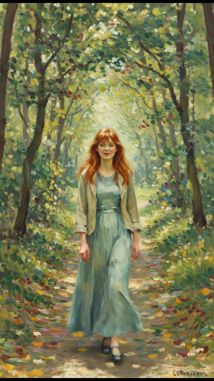 Clara walking purposefully down a forest path surrounded by trees.