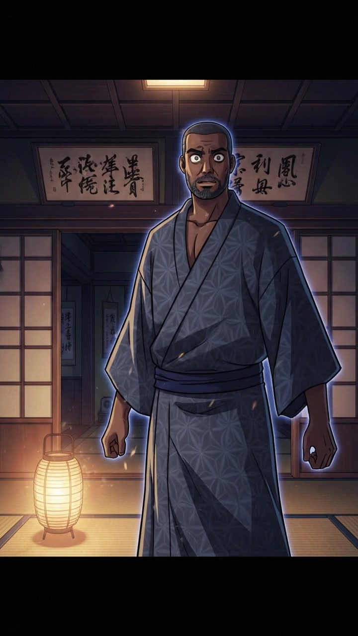 Kwame standing in a dimly lit room, stiff as he hears an urgent voice warning him from behind.