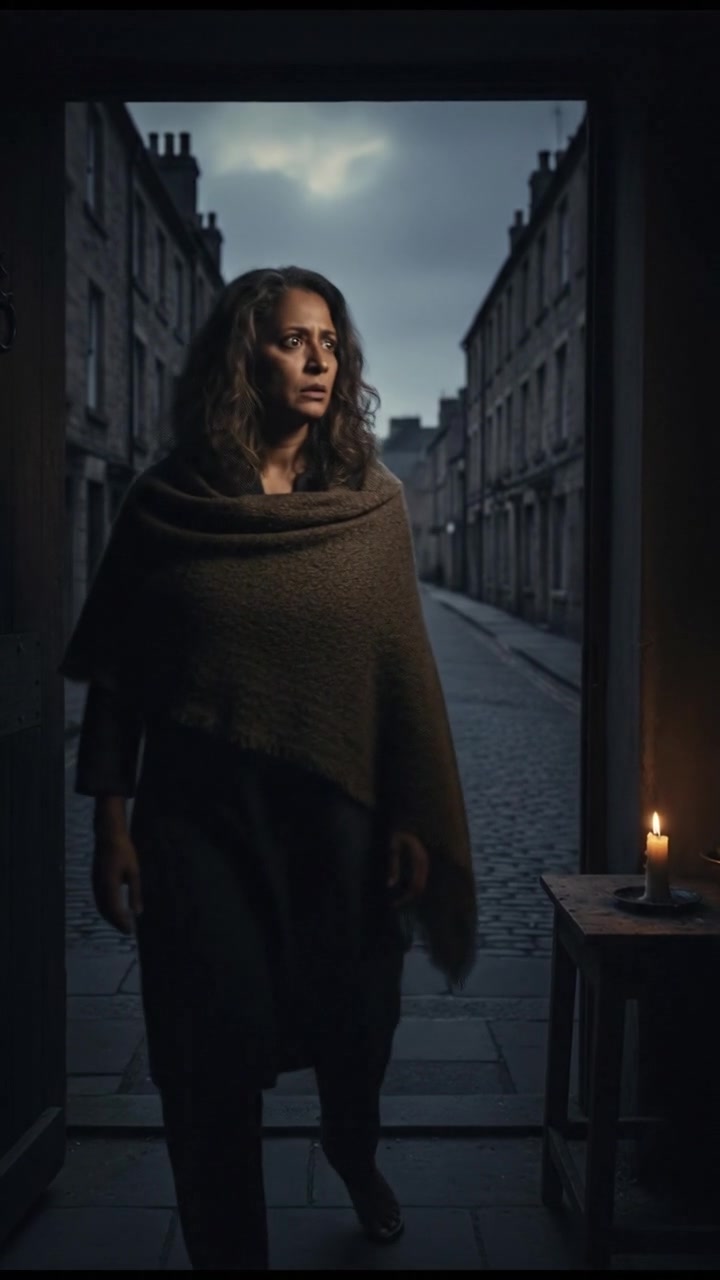 Asha standing in the doorway, looking worried, with a quiet street behind her.
