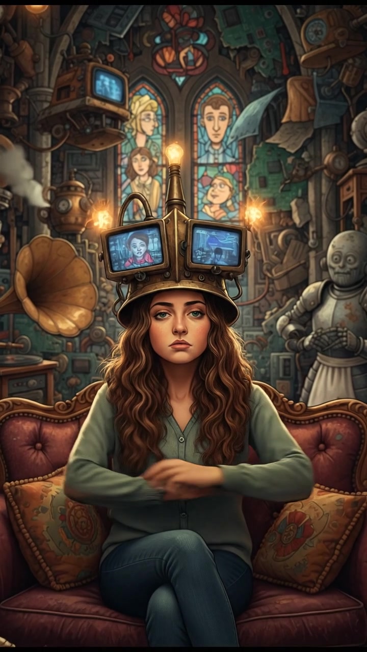 A close-up of Maya sitting on a couch, looking bored with her arms crossed.