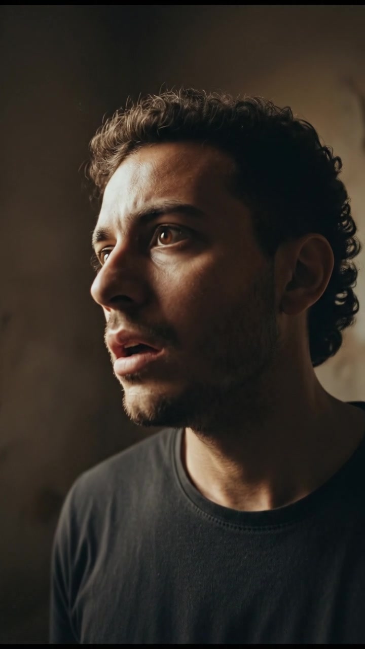 A close-up of Mateo looking startled in a dimly lit room, shadows creeping on the walls.
