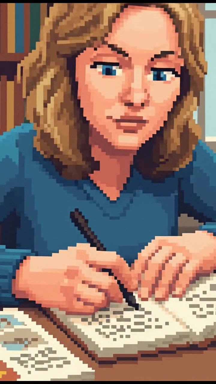 A close-up of Ashley's hands, holding a pen and a notebook, with scribbled notes and an open book on the table.