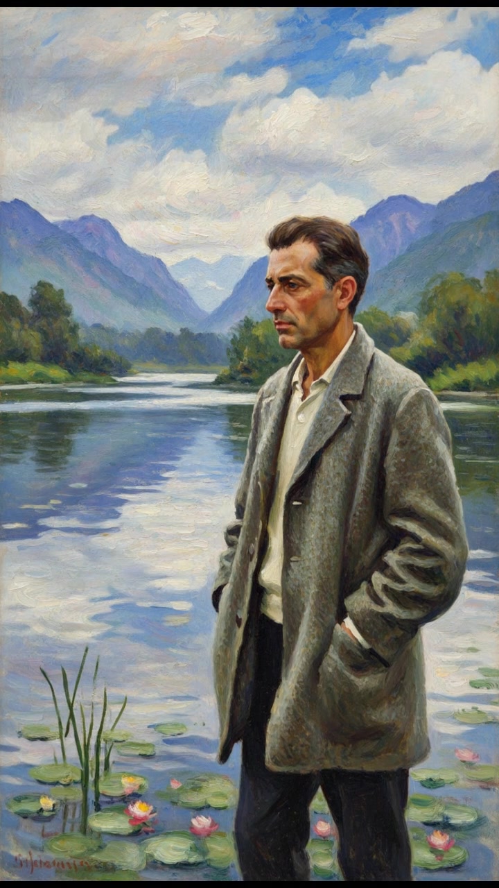 Omar standing by a river, looking contemplative, with a mountainous landscape in the background.