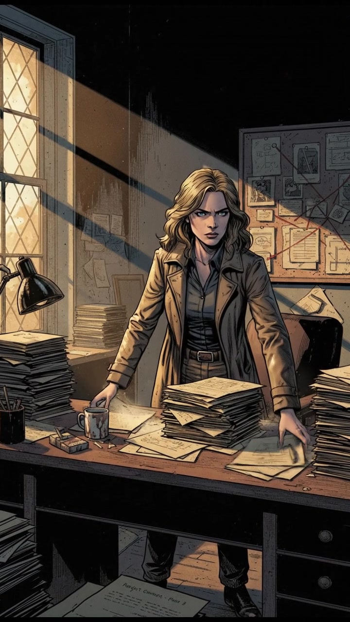 Ashley standing in a sunlit room, searching through stacks of papers on a desk.