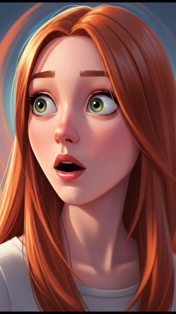 A close-up of Emma's face, her green eyes wide with surprise, as she slowly turns her head.