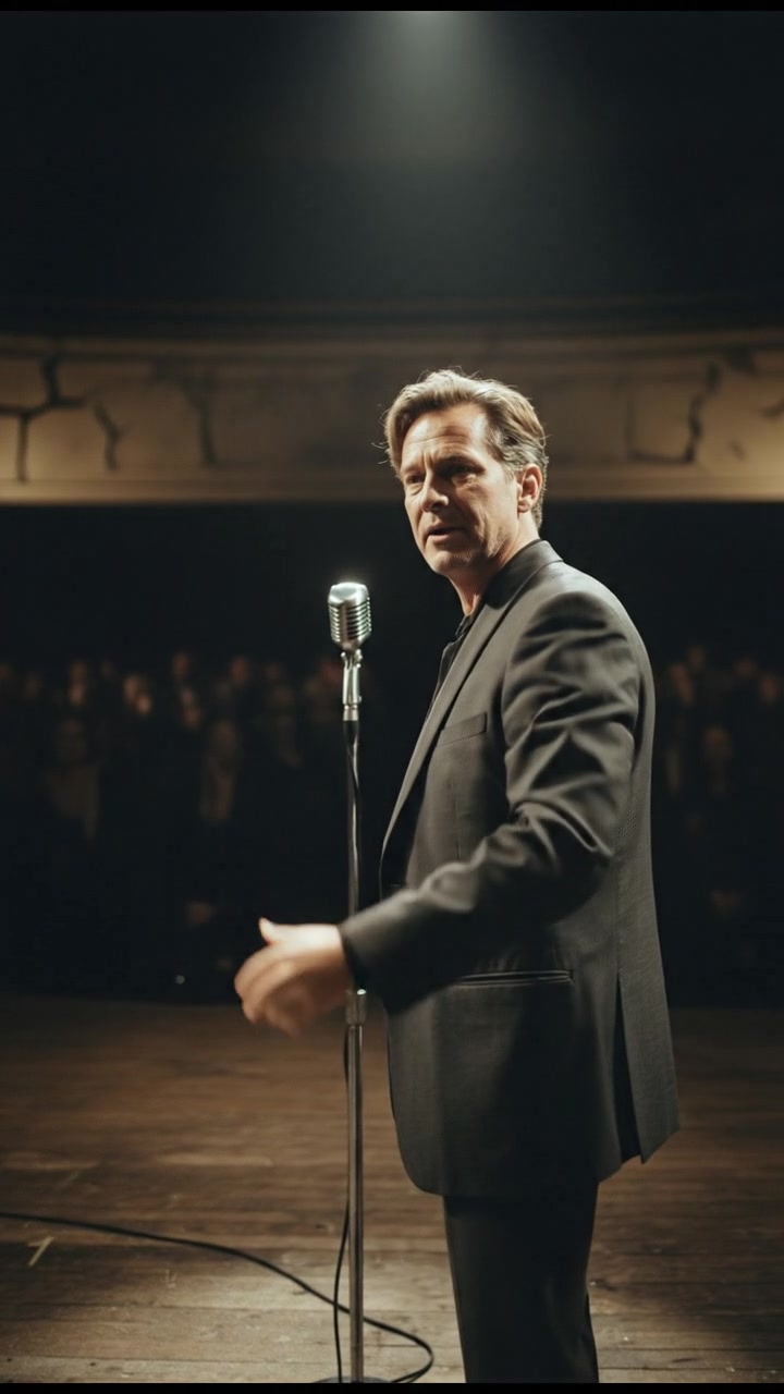 Mark standing on a stage, addressing an audience, with a spotlight illuminating him.
