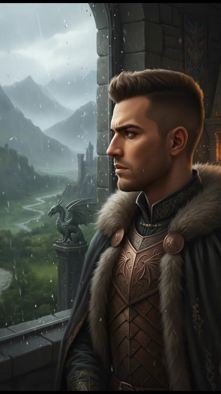 The Amir looking out a rain-soaked window, deep in thought, with blurred raindrops on the glass.